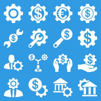 Financial tools and options icon set. Glyph style: flat symbols, white color, rounded angles, blue background.