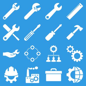 Options and service tools icon set. Glyph style: flat symbols, white color, rounded angles, blue background.