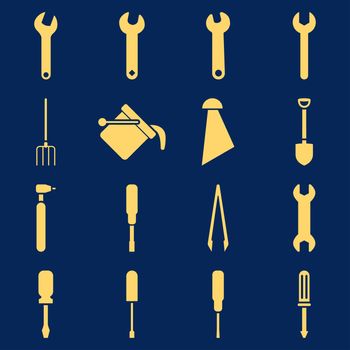 Instruments and tools icon set. Glyph style: flat symbols, yellow color, rounded angles, blue background.