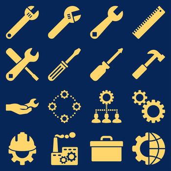 Options and service tools icon set. Glyph style: flat symbols, yellow color, rounded angles, blue background.