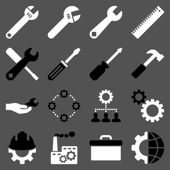 Options and service tools icon set. Glyph style: flat bicolor symbols, black and white colors, rounded angles, gray background.