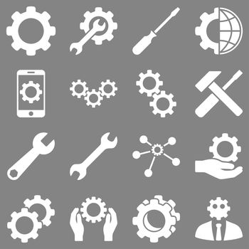 Options and service tools icon set. Glyph style: flat symbols, white color, rounded angles, gray background.