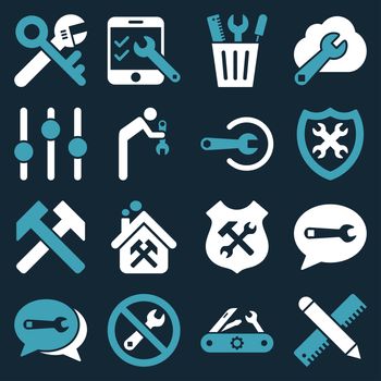 Options and service tools icon set. Glyph style: flat bicolor symbols, blue and white colors, rounded angles, dark blue background.