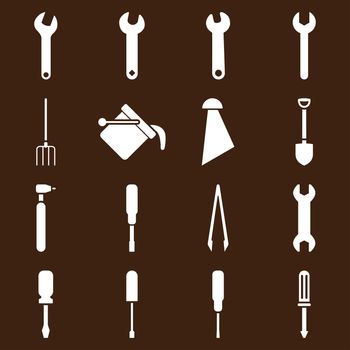 Instruments and tools icon set. Glyph style: flat symbols, white color, rounded angles, brown background.