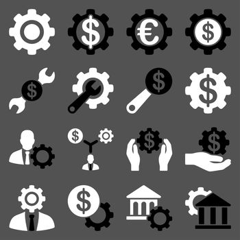 Financial tools and options icon set. Glyph style: flat bicolor symbols, black and white colors, rounded angles, gray background.