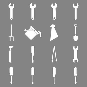 Instruments and tools icon set. Glyph style: flat symbols, white color, rounded angles, gray background.