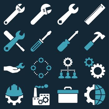 Options and service tools icon set. Glyph style: flat bicolor symbols, blue and white colors, rounded angles, dark blue background.