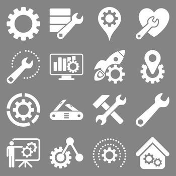 Options and service tools icon set. Glyph style: flat symbols, white color, rounded angles, gray background.