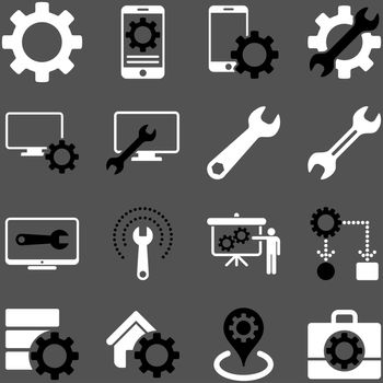 Options and service tools icon set. Glyph style: flat bicolor symbols, black and white colors, rounded angles, gray background.