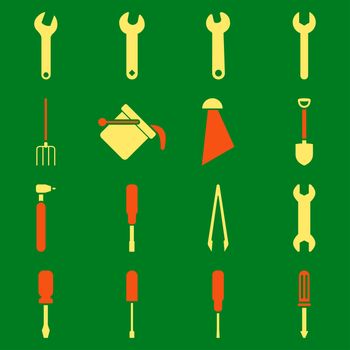 Instruments and tools icon set. Glyph style: flat bicolor symbols, orange and yellow colors, rounded angles, green background.