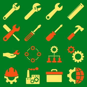 Options and service tools icon set. Glyph style: flat bicolor symbols, orange and yellow colors, rounded angles, green background.