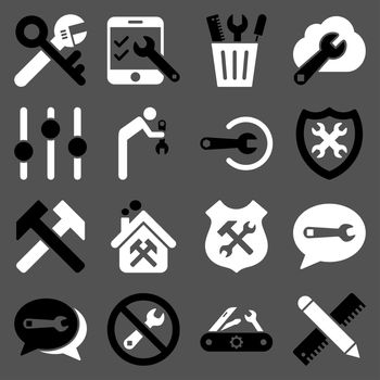 Options and service tools icon set. Glyph style: flat bicolor symbols, black and white colors, rounded angles, gray background.