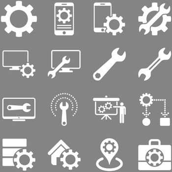 Options and service tools icon set. Glyph style: flat symbols, white color, rounded angles, gray background.