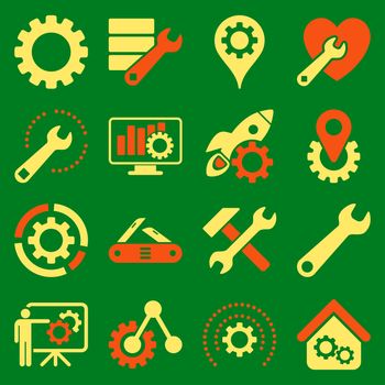 Options and service tools icon set. Glyph style: flat bicolor symbols, orange and yellow colors, rounded angles, green background.