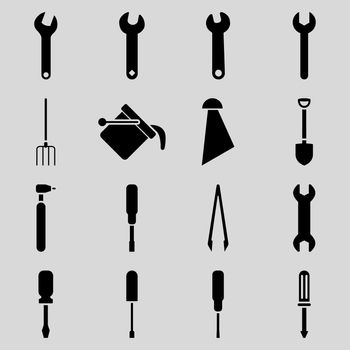 Instruments and tools icon set. Glyph style: flat symbols, black color, rounded angles, light gray background.