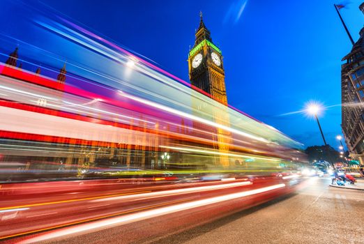 Beautiful bus light trails under Big Ben, London.