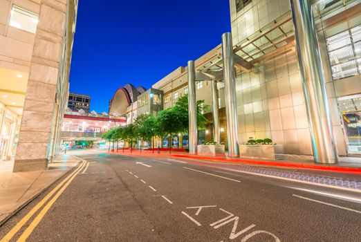 Canary Wharf street at night.