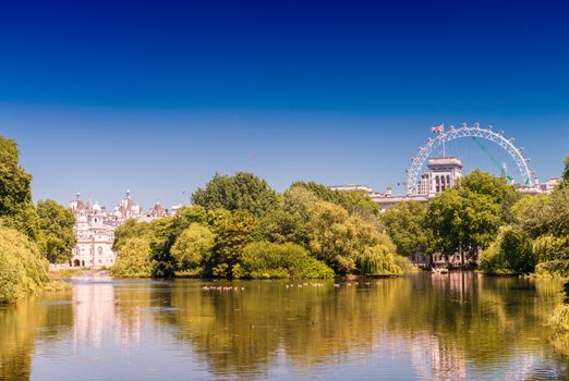 Saint James Park in London on a beautiful summer day.