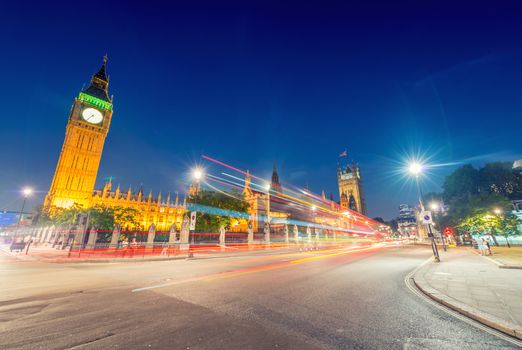 Stunning night view of Big Ben and Westminster Palace from Parliament Square, London - UK.