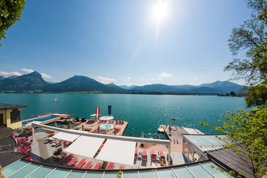St. Wolfgang, Austria - June 23, 2014: View over the Wolfgangsee in St. Wolfgang. Popular travel destination in Austria.