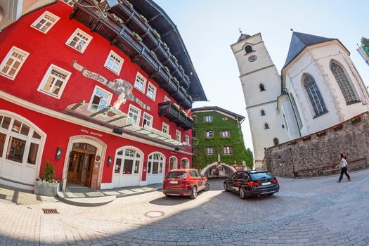 St. Wolfgang, Austria - June 23, 2014: Hotel Weisses Roessl at the famous lake Wolfgangsee. Popular travel destination within Austria.