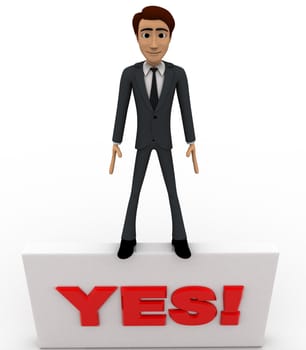 3d man holding yes sign board concept on white background, front angle view