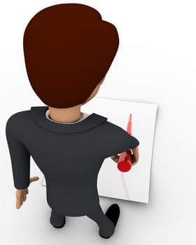 3d man pointing on paper using stick concept on white background, side angle view