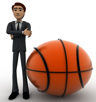 3d man with big basket ball concept on white background, front angle view