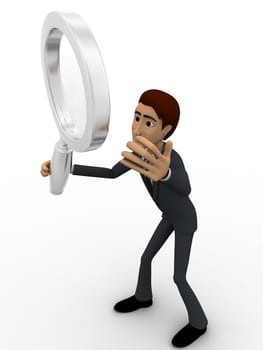 3d man searching and looking through magnifying glass concept on white background, side  angle view