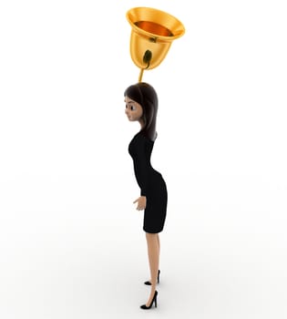 3d woman play golden metalic bell concept on white background, sideangle view