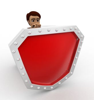 3d man hiding behind shield concept on white background, left front angle view