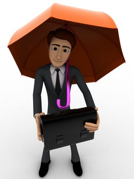 3d man with orange umbrella and briefcase concept on white background, front angle view