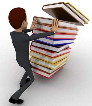 3d man pushing pile of books and books are falling concept on white background, right side angle view