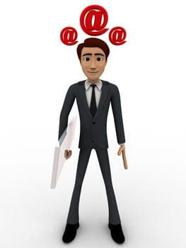 3d man with blank paper and three email icon on head concept on white background, front angle view