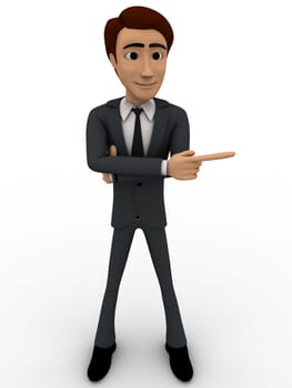 3d man pointing in one direction concept on white background, front angle view