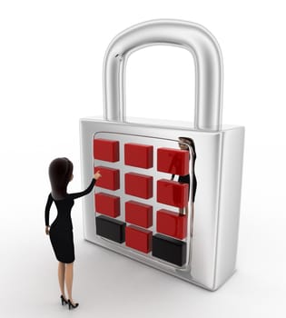 3d woman with lock and password system concept on white background, sideangle view