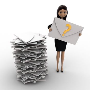 3d woman with many mails in inbox and one mail with question mark in hand concept on white background, front angle view