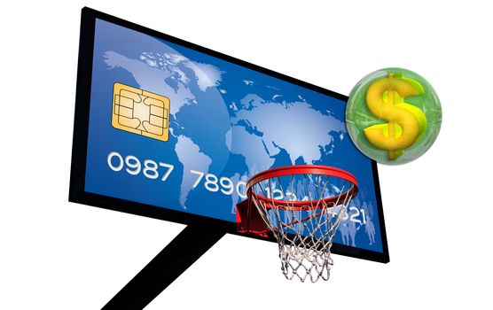 credit card on a basketball with a dollar sign in a green 3d chrome sphere