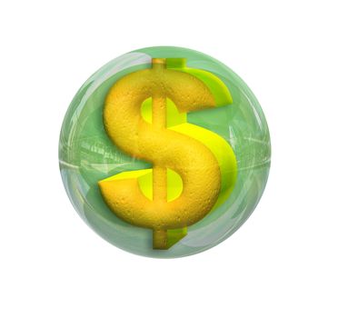 3d dollar raised in a sphere chrome color with green highlights