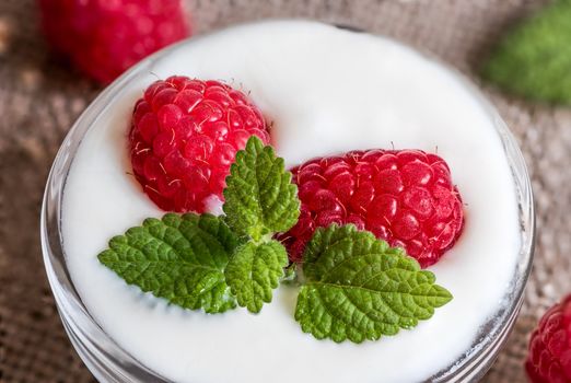 Serving of Yogurt with Whole Fresh Raspberries and Melissa. Closeup Detail.