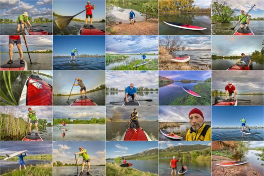 collection of stand up paddling pictures from lakes in Colorado featuring  the same 60 years old male model