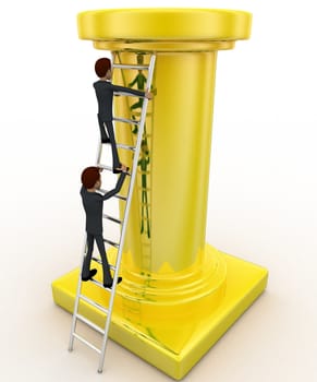 3d man climb tall golden pillar using ladder concept on white background, front angle view