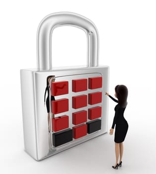 3d woman with lock and password system concept on white background,side angle view
