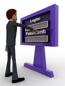 3d man entering login and password concept on white background, sideangle view