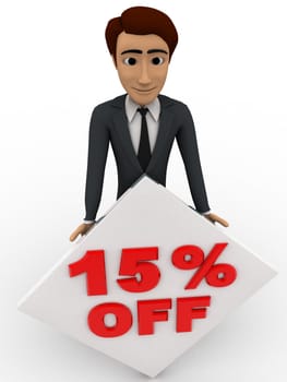 3d man with 15 percentage discount square board concept on white background, front angle view