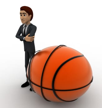 3d man with big basket ball concept on white background, side angle view