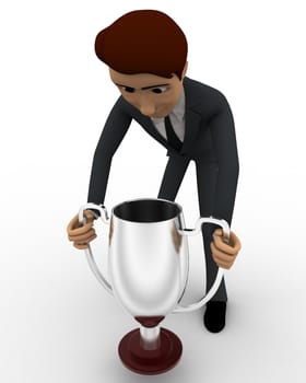3d man carry up silver winner cup award concept on white background, front angle view