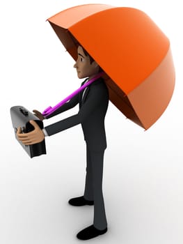 3d man with orange umbrella and briefcase concept on white background, side angle view