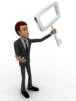 3d man holding old generation key concept on white background,  side angle view