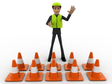 3d man constraction builder stoping man from entering concept on white background, front angle view